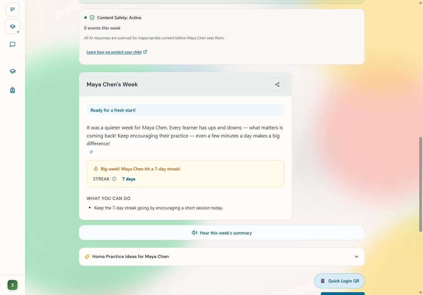 A learner's Topic Trail in Cocovox: a horizontal stage map showing topics from introduced through mastered, with progress chips, the current focus highlighted, and a next-up suggestion.