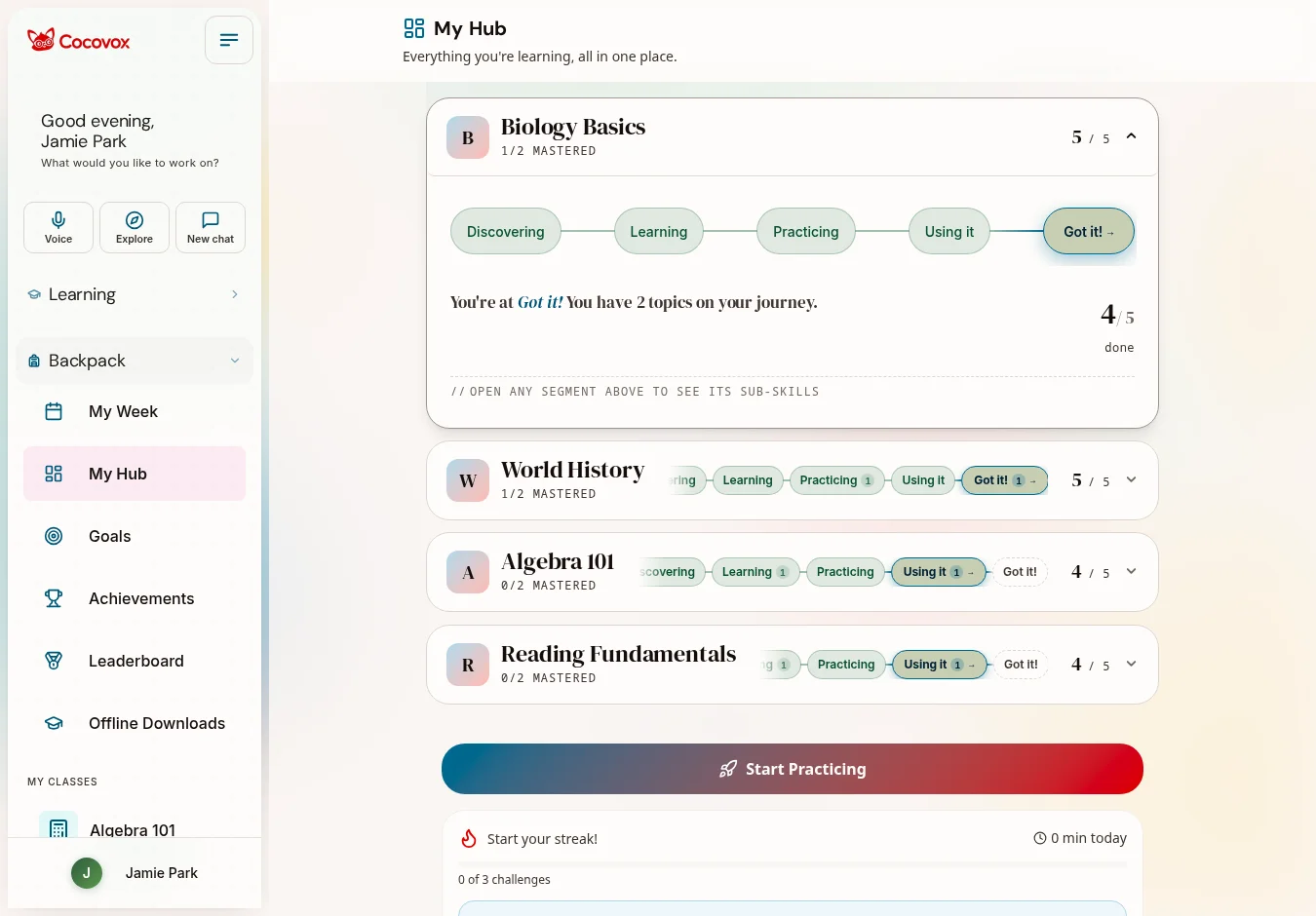A learner's hub in Cocovox: each course shown as a stage map from Discovering to Got it, with the current stage highlighted, topics counted per stage, and one tap to start practicing.